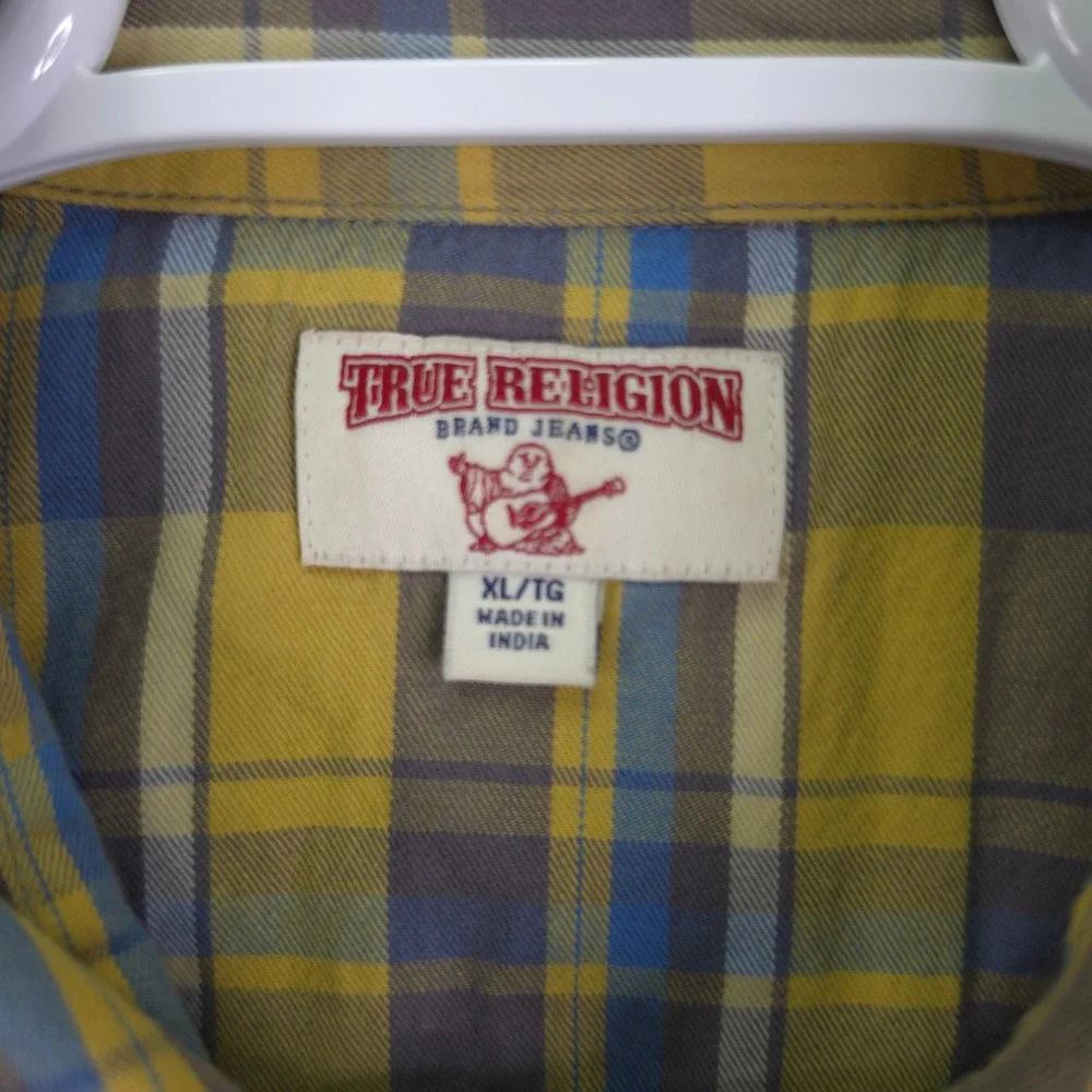 True Religion Shirt Mens XL Western Pearl Snap Plaid Yellow Blue Short Sleeve XL